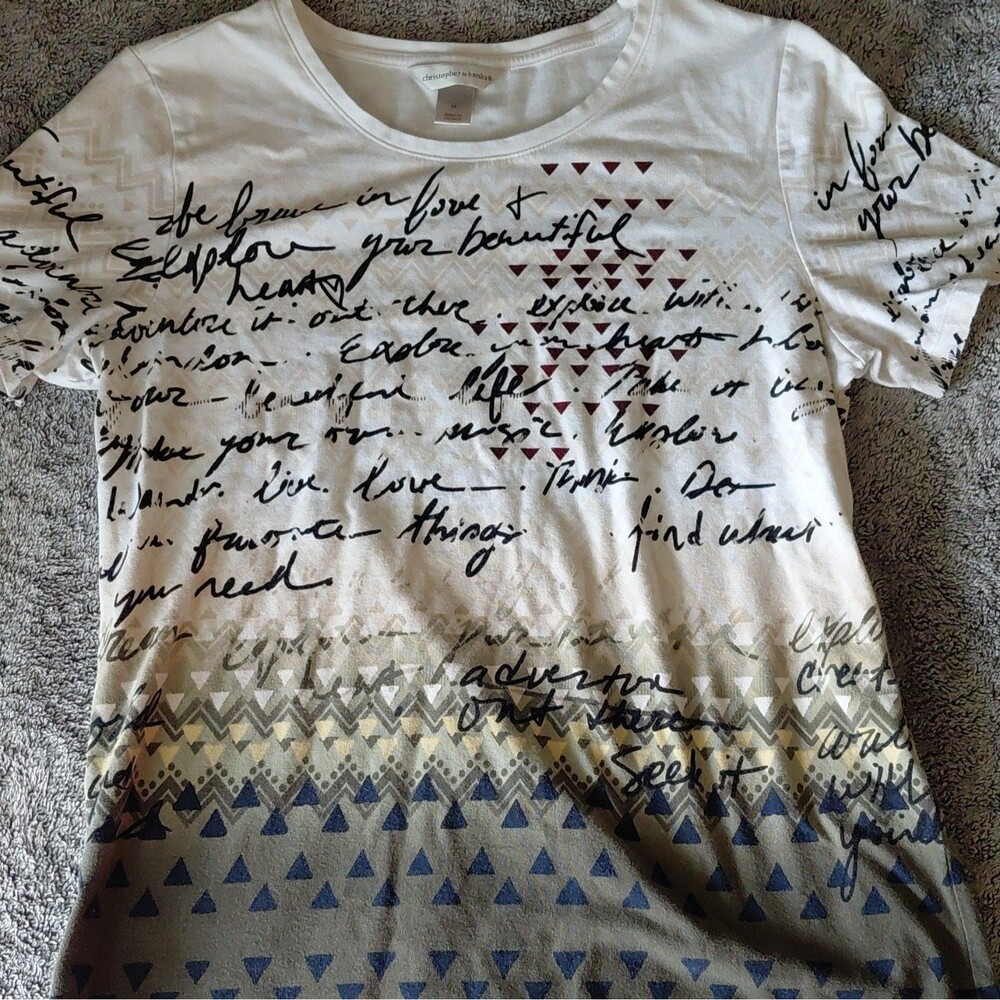 Christopher & Banks Women's M White Geometric Graphic Print Short Sleeve T-Shirt